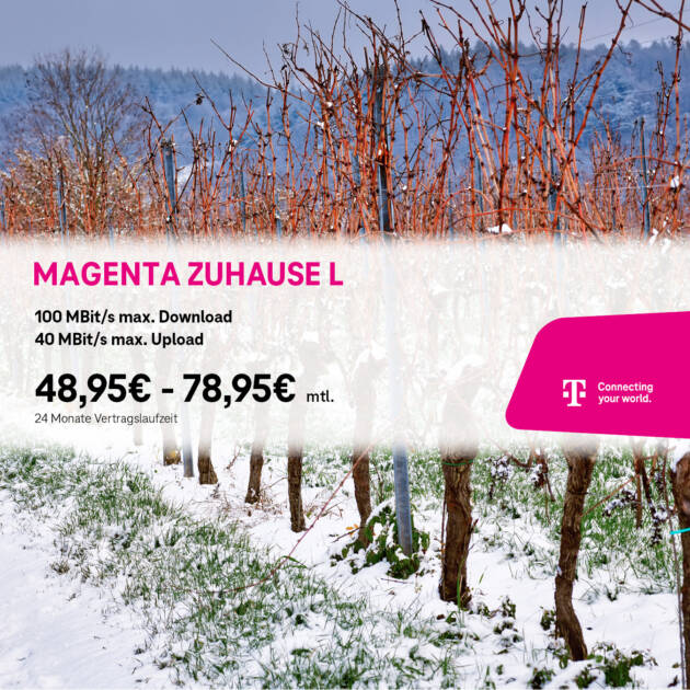 Ein verschneiter, winterlicher Weinberg mit kahlen Rebstöcken zeigt ein mit Tele-Planet erstelltes Werbe-Overlay der Telekom, das den Internet-Tarif "MagentaZuhause L" hervorhebt - mit Preisen, Geschwindigkeiten und dem Telekom-Logo.