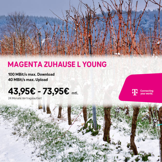 Ein schneebedeckter Weinberg mit kahlen Weinstöcken und Bergen im Hintergrund. Der eingeblendete Text stellt den MagentaZuhause M-Internettarif von Tele-Planet vor und hebt die Download- und Upload-Geschwindigkeiten sowie die monatliche Preisspanne hervor.