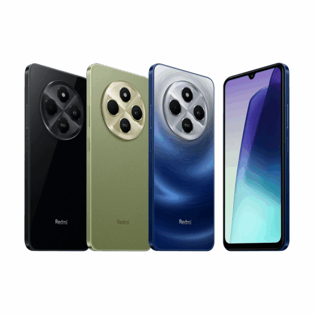 Vier Redmi 14C-Smartphones in Schwarz, Grün und Blau sind bei Tele-Planet nebeneinander ausgestellt. Das blaue Telefon zeigt seinen Bildschirm, während die anderen ihre großen runden Kameramodule auf der Rückseite hervorheben.