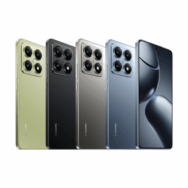 Vier Xiaomi 14T-Smartphones in Grün, Schwarz, Silber und Blau werden bei Tele-Planet hochkant ausgestellt und zeigen ihre Dreifach-Rückkameras und Frontbildschirme mit minimalistischen Hintergrundbildern.