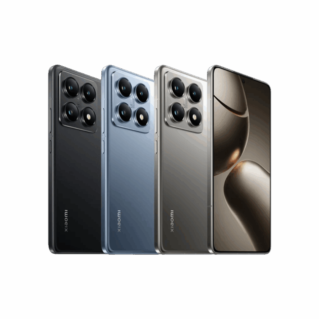 Drei 14T Pro-Smartphones in Schwarz, Blau und Silber stehen bei Tele-Planet nebeneinander. Jedes hat ein großes Vierfach-Kameramodul auf der Rückseite, während das Telefon ganz rechts seine schlanke Vorderseite mit einem minimalistischen Hintergrundbild zeigt.