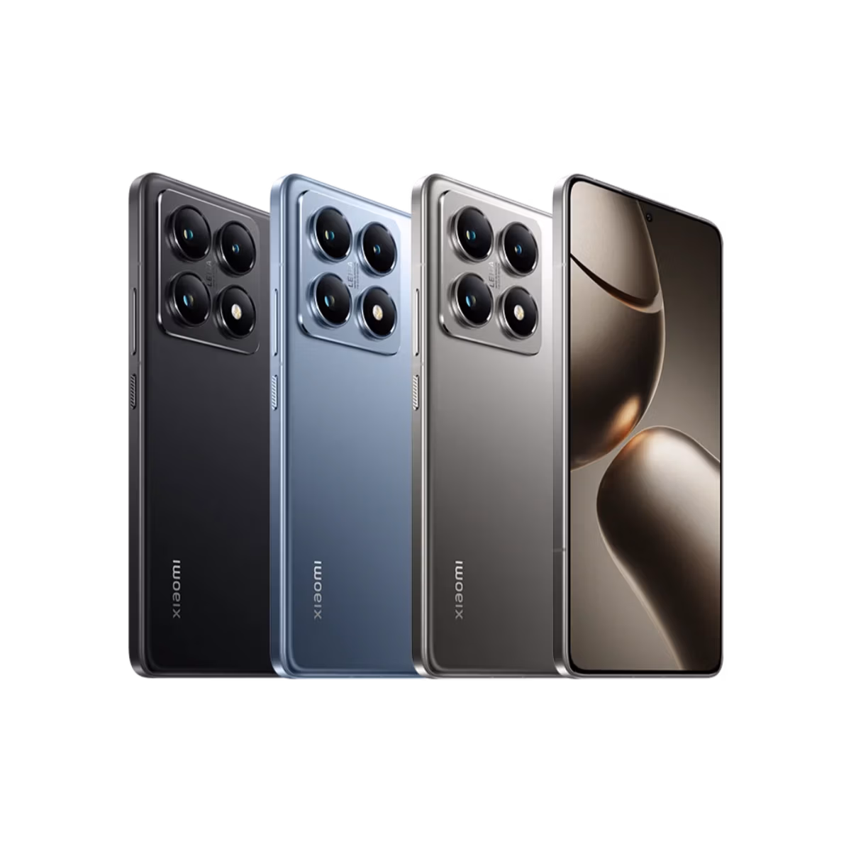 Drei 14T Pro-Smartphones in Schwarz, Blau und Silber stehen bei Tele-Planet nebeneinander. Jedes hat ein großes Vierfach-Kameramodul auf der Rückseite, während das Telefon ganz rechts seine schlanke Vorderseite mit einem minimalistischen Hintergrundbild zeigt.