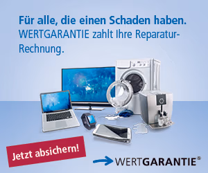 Anzeige mit Elektronik wie Laptop, Fernseher, Waschmaschine und Smartphone von Tele-Planet, dazu der Text: "Für alle, die einen Schaden haben. WERTGARANTIE zahlt Ihre Reparatur-Rechnung." Auf dem Button steht "Jetzt absichern!.