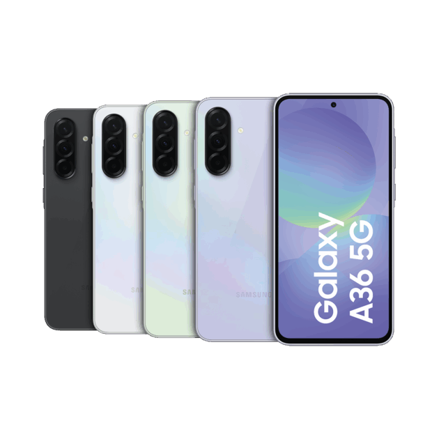 Vier Galaxy A36 5G Telefone in Schwarz, Weiß, Grün und Lila sind von hinten zu sehen, wobei ein Bildschirm auf der Vorderseite "Galaxy A36 5G" anzeigt. Jetzt erhältlich bei Tele-Planet.