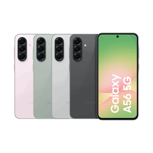 Bei Tele-Planet sind vier Galaxy A56 5G-Smartphones in den Farben Pink, Grün, Silber und Schwarz von hinten zu sehen, eines davon von vorne mit dem Bildschirm und dem Schriftzug "Galaxy A56 5G".
