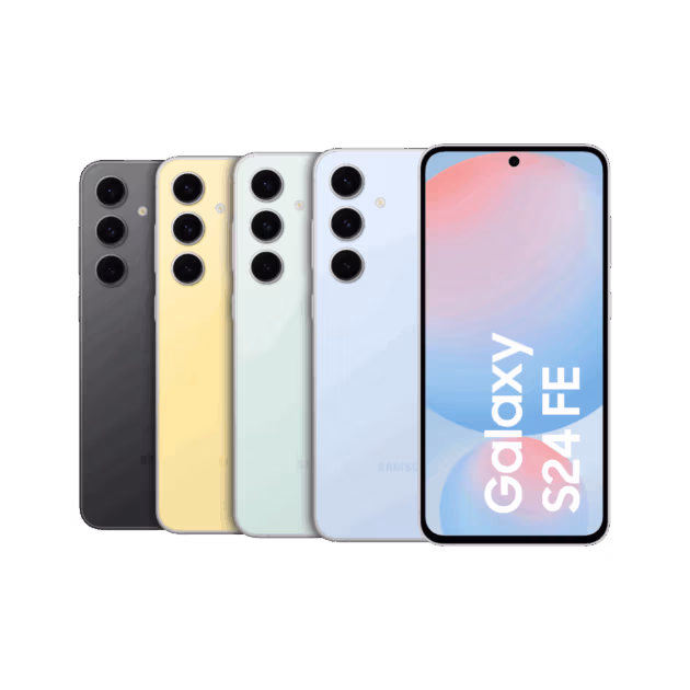 Auf der Rückseite sind vier Galaxy S24 FE-Smartphones in den Farben Schwarz, Gelb, Grün und Blau zu sehen, daneben eines mit der Aufschrift "Galaxy S24 FE" auf dem Display - ab sofort bei Tele-Planet erhältlich.