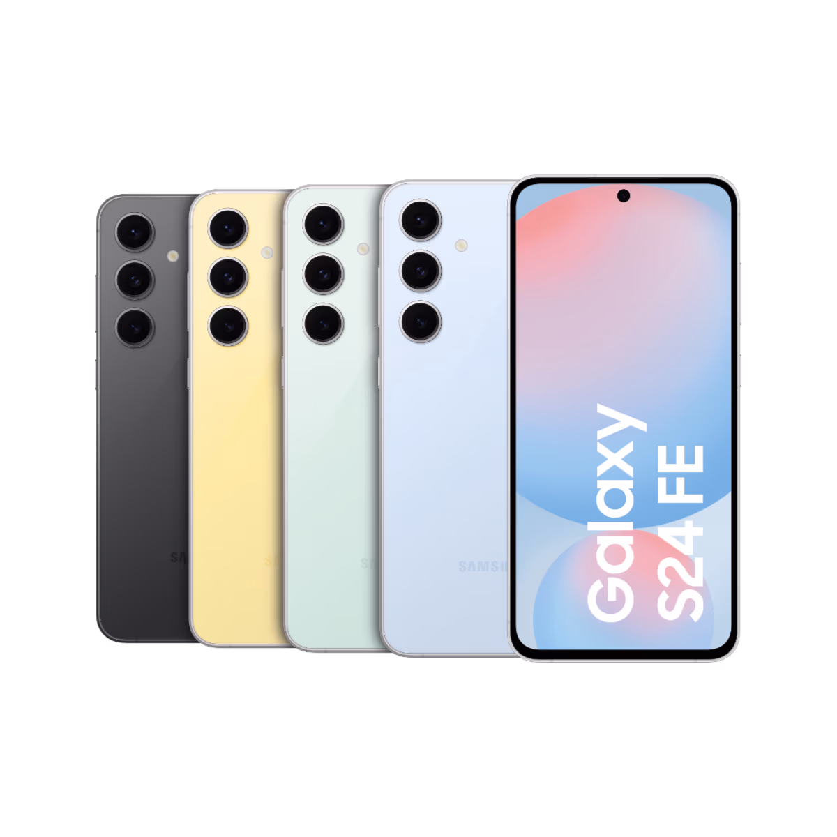 Auf der Rückseite sind vier Galaxy S24 FE-Smartphones in den Farben Schwarz, Gelb, Grün und Blau zu sehen, daneben eines mit der Aufschrift "Galaxy S24 FE" auf dem Display - ab sofort bei Tele-Planet erhältlich.