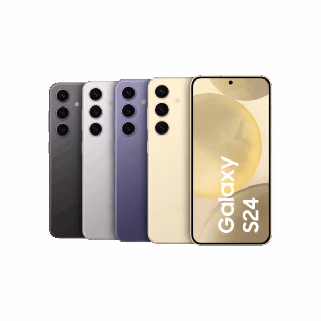 Fünf Galaxy S24-Smartphones sind in den Farben Schwarz, Silber, Lila und Gelb zu sehen. Auf der Vorderseite des Telefons steht "Galaxy S24", die anderen zeigen ihre Rückseiten. Finden Sie sie jetzt bei Tele-Planet.