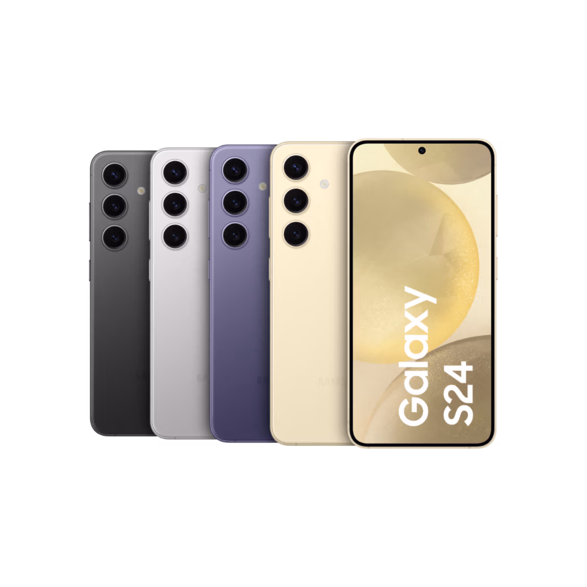 Fünf Galaxy S24-Smartphones sind in den Farben Schwarz, Silber, Lila und Gelb zu sehen. Auf der Vorderseite des Telefons steht "Galaxy S24", die anderen zeigen ihre Rückseiten. Finden Sie sie jetzt bei Tele-Planet.