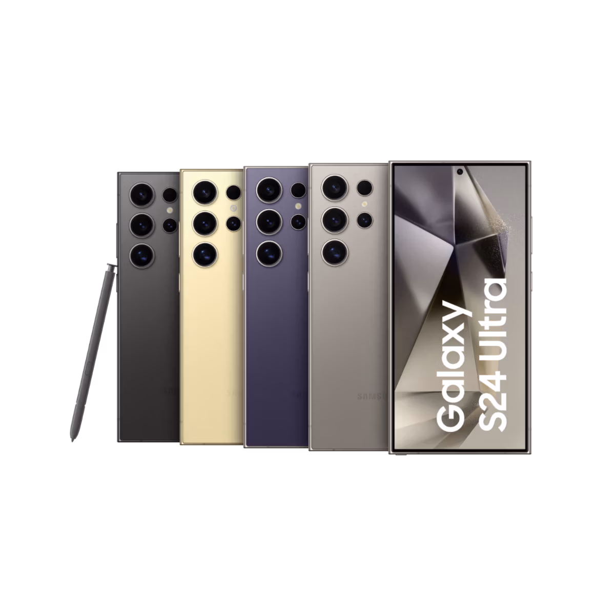 Fünf Galaxy S24 Ultra-Smartphones in verschiedenen Farben stehen aufrecht bei Tele-Planet und heben ihre Rückseiten-Kameras und einen Front-Bildschirm mit der Aufschrift "Galaxy S24 Ultra" hervor. Auf der linken Seite befindet sich ein Eingabestift.