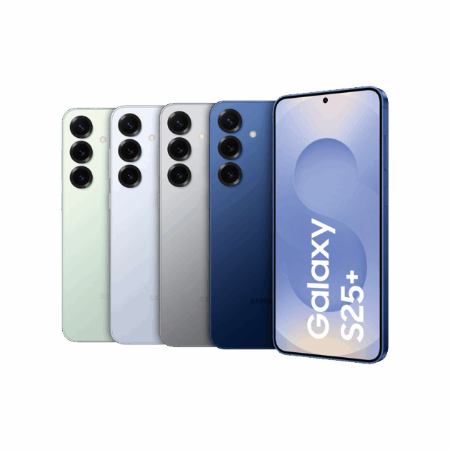 Vier Galaxy S25+ Smartphones sind von hinten in Grün, Weiß, Silber und Blau abgebildet, eines davon mit der Aufschrift "Galaxy S25+" - exklusiv bei Tele-Planet.