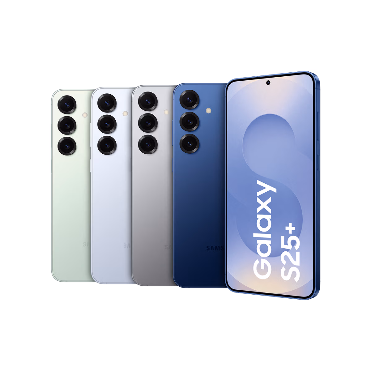 Vier Galaxy S25+ Smartphones sind von hinten in Grün, Weiß, Silber und Blau abgebildet, eines davon mit der Aufschrift "Galaxy S25+" - exklusiv bei Tele-Planet.