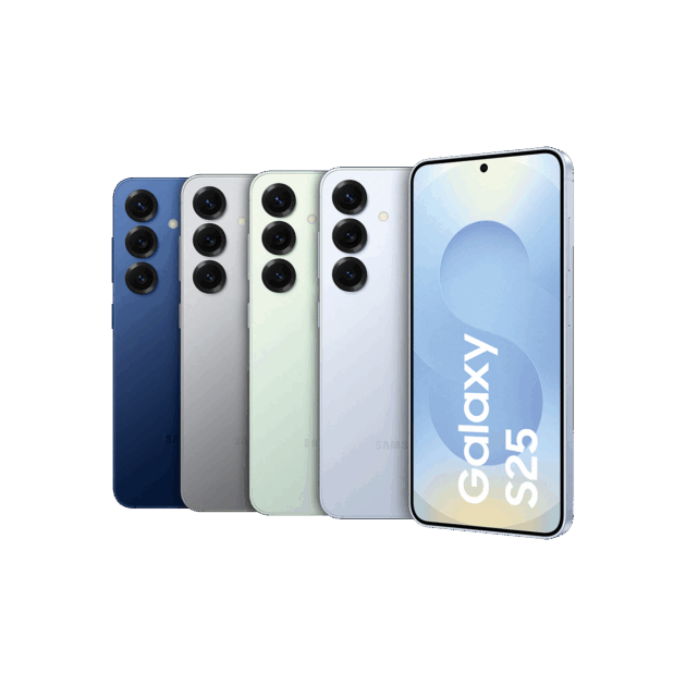 Das Galaxy S25 wird in den Farben Blau, Grau, Grün und Weiß von hinten gezeigt, daneben eine Frontansicht mit dem Schriftzug "Galaxy S25" auf dem Bildschirm - jetzt erhältlich bei Tele-Planet.