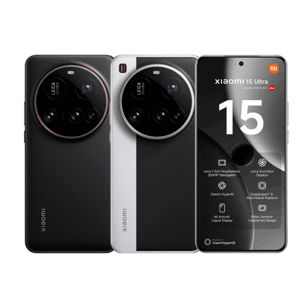 Zwei 15 Ultra-Smartphones in Schwarz und Weiß sind von hinten zu sehen, jeweils mit einem großen runden Kameramodul. Ein drittes Telefon zeigt die Vorderseite mit der Aufschrift "15" und den technischen Daten, jetzt erhältlich bei Tele-Planet.