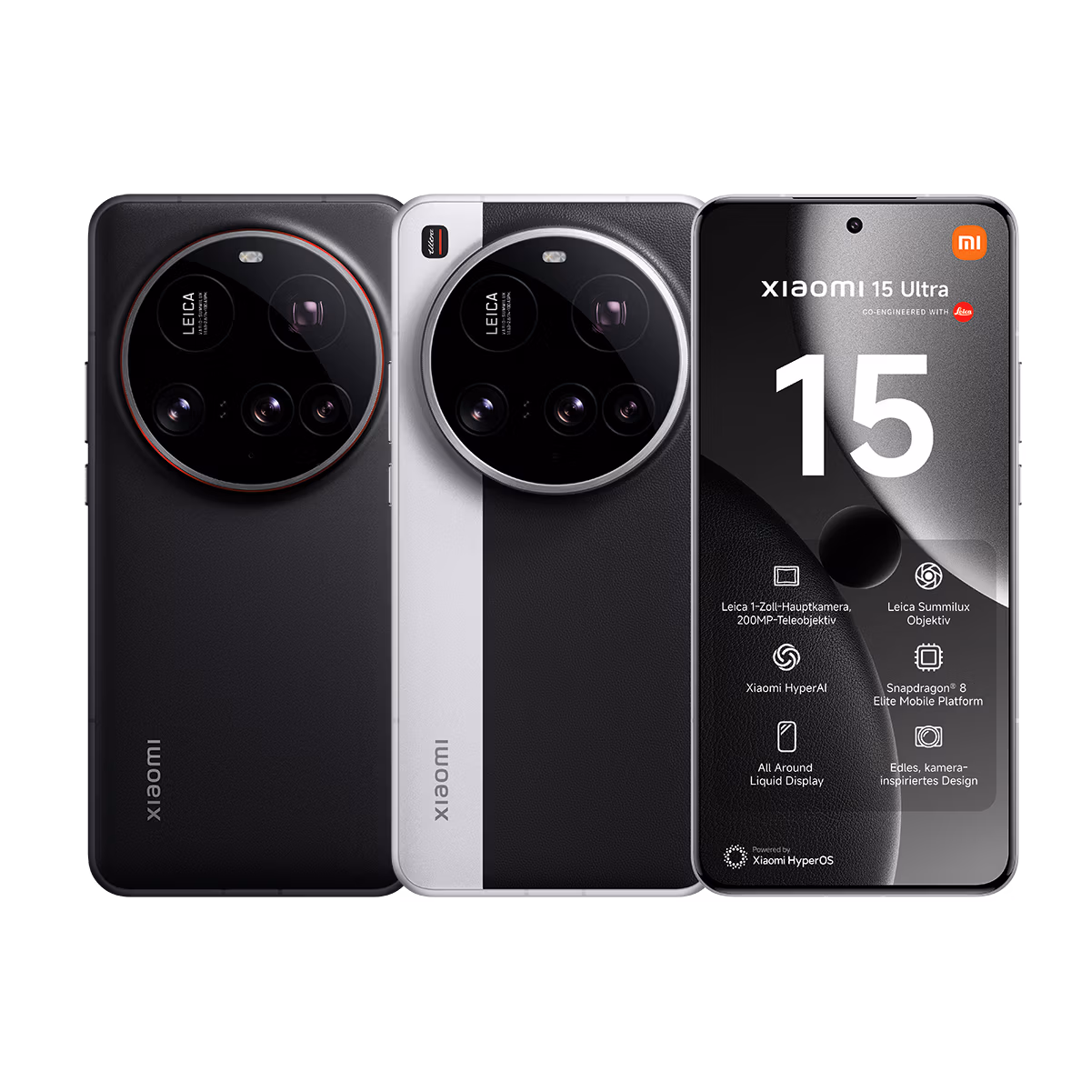 Zwei 15 Ultra-Smartphones in Schwarz und Weiß sind von hinten zu sehen, jeweils mit einem großen runden Kameramodul. Ein drittes Telefon zeigt die Vorderseite mit der Aufschrift "15" und den technischen Daten, jetzt erhältlich bei Tele-Planet.