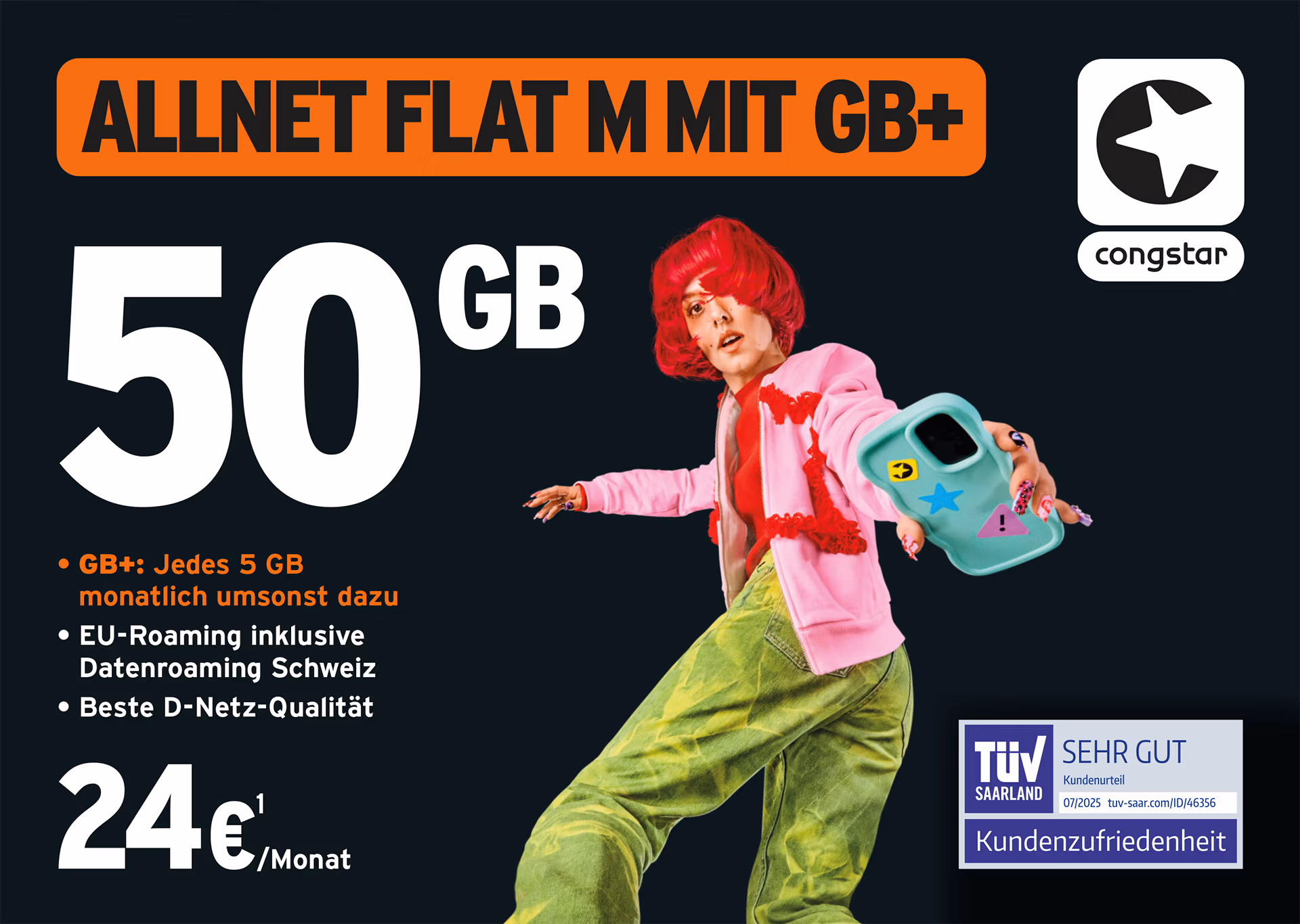 Eine Person mit roten Haaren in bunter Kleidung posiert energisch neben einem großen Text: "ALLNET FLAT M MIT GB+ 50 GB". Das Congstar-Logo und das Tele-Planet-Branding befinden sich oben rechts. Preis, 24,61 €/Monat, und Produktvorteile sind aufgeführt.