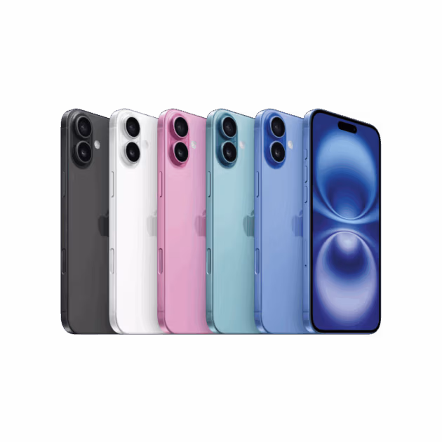 Fünf iPhone 16 Plus Geräte in Schwarz, Weiß, Pink, Gelb und Blau sind bei Tele-Planet aufgereiht und zeigen ihre Dual-Kamera-Rückseiten. Ein sechstes blaues iPhone 16 Plus zeigt seinen leuchtenden Bildschirm mit kreisförmigen abstrakten Grafiken nach vorne.