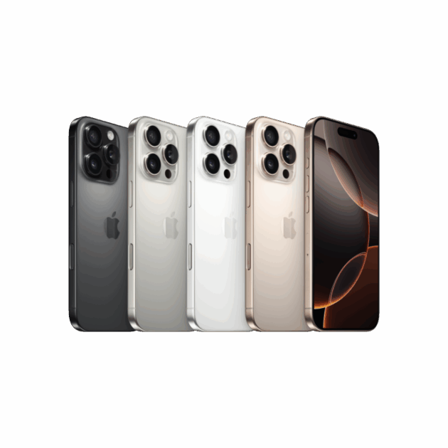 Vier iPhone 16 Pro-Modelle in Schwarz, Silber, Weiß und Gold werden von hinten gezeigt, ein fünftes goldenes iPhone 16 Pro zeigt seinen Bildschirm von vorne - alles vor einem strahlend weißen Hintergrund bei Tele-Planet.
