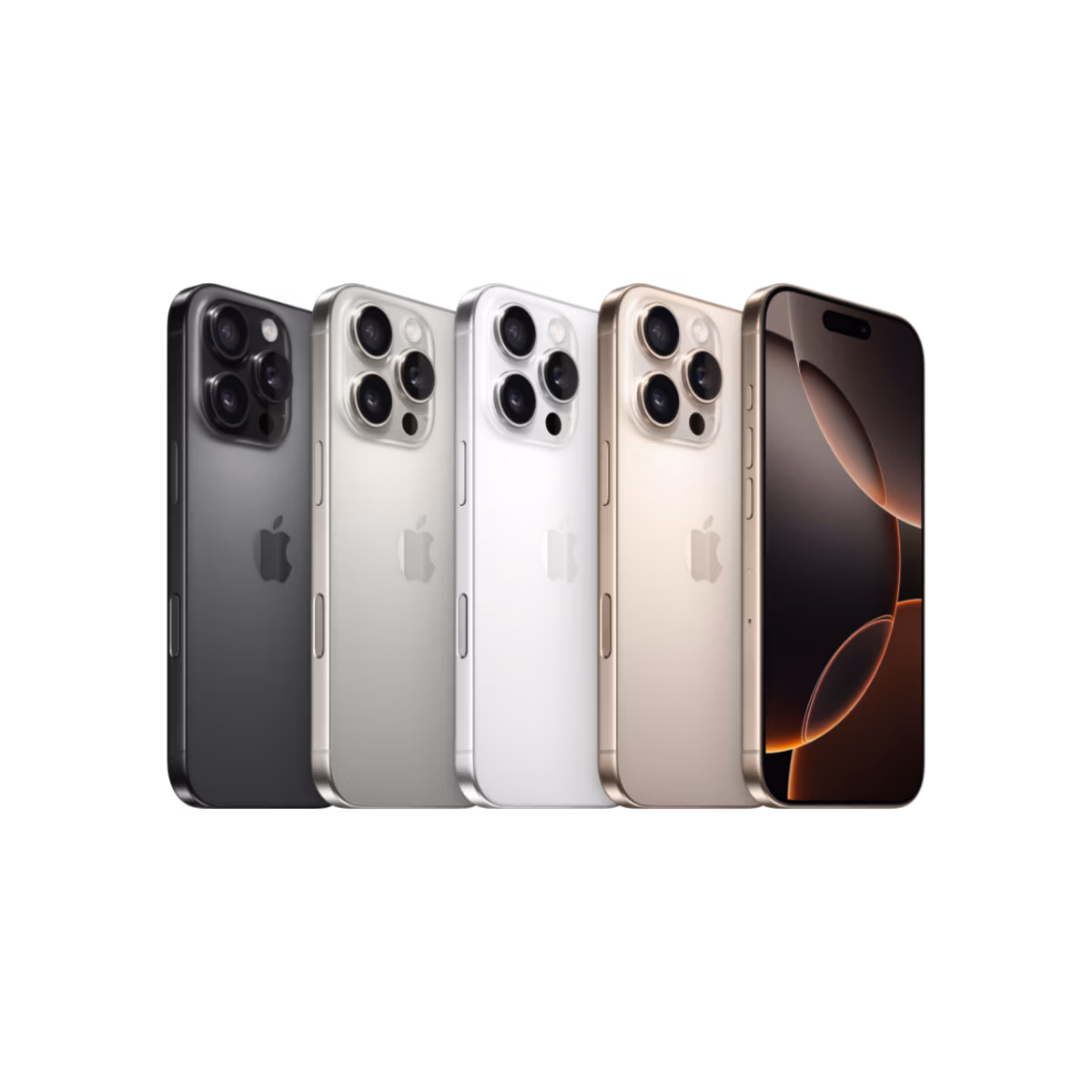 Vier iPhone 16 Pro-Modelle in Schwarz, Silber, Weiß und Gold werden von hinten gezeigt, ein fünftes goldenes iPhone 16 Pro zeigt seinen Bildschirm von vorne - alles vor einem strahlend weißen Hintergrund bei Tele-Planet.