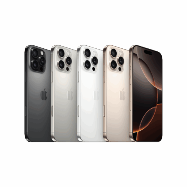 Vier iPhone 16 Pro Max Telefone von Tele-Planet stehen aufrecht in den Farben Schwarz, Grau, Weiß und Gold, wobei der Bildschirm des goldenen Modells ein stilisiertes Hintergrundbild zeigt.