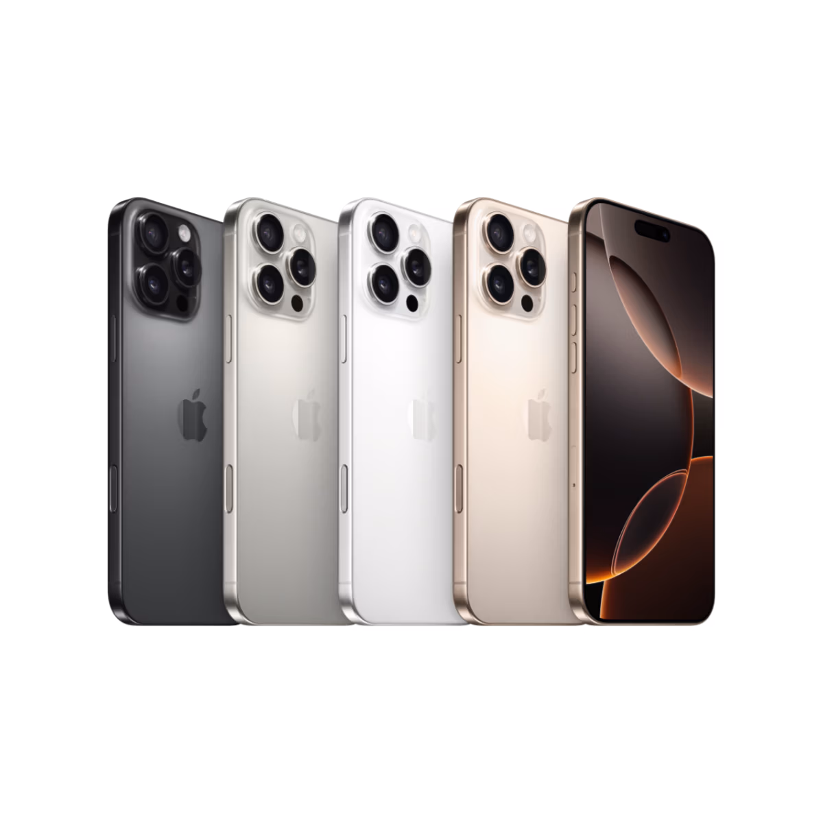 Vier iPhone 16 Pro Max Telefone von Tele-Planet stehen aufrecht in den Farben Schwarz, Grau, Weiß und Gold, wobei der Bildschirm des goldenen Modells ein stilisiertes Hintergrundbild zeigt.