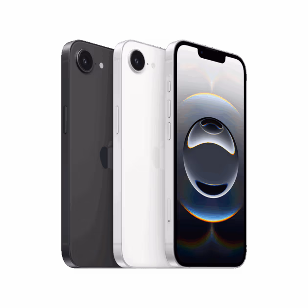 Gezeigt werden drei iPhone 16e-Smartphones: ein schwarzes (Rückansicht), ein weißes (Rückansicht) und ein schwarzes (Vorderansicht) mit einem lebendigen, abstrakten Hintergrundbild - alle ab sofort bei Tele-Planet erhältlich.