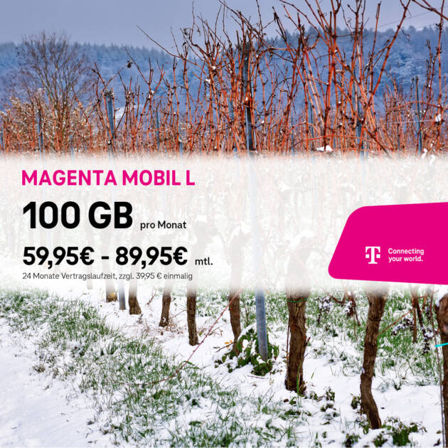 Schneebedeckter Weinberg mit kahlen Rebstöcken im Winter. Im Vordergrund wirbt eine Tele-Planet-Anzeige für "Magenta Mobil M", und rechts erscheint ein rosa Logo.