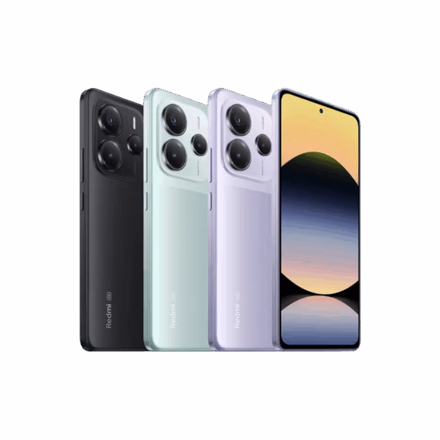 Für Tele-Planet werden vier Redmi Note 14 5G-Smartphones auf weißem Hintergrund gezeigt - drei von hinten in Schwarz, Mintgrün und Lavendel mit Dreifach-Kameras und eines von vorne mit eingeschaltetem Bildschirm.