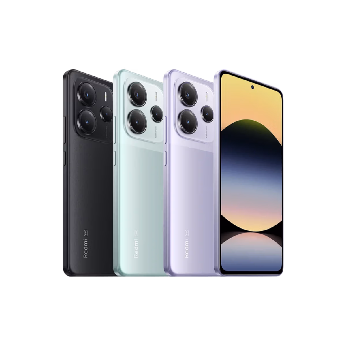 Für Tele-Planet werden vier Redmi Note 14 5G-Smartphones auf weißem Hintergrund gezeigt - drei von hinten in Schwarz, Mintgrün und Lavendel mit Dreifach-Kameras und eines von vorne mit eingeschaltetem Bildschirm.