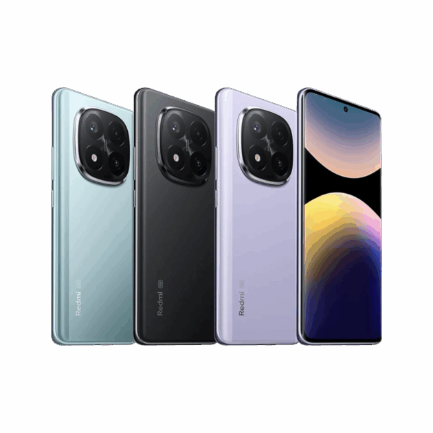Vier Redmi Note 14 Pro+ 5G-Smartphones sind nebeneinander in Grün, Schwarz und Lila abgebildet, wobei das letzte sein lebendiges Frontdisplay zeigt. Entdecken Sie diese eleganten Vier-Kamera-Geräte exklusiv bei Tele-Planet.