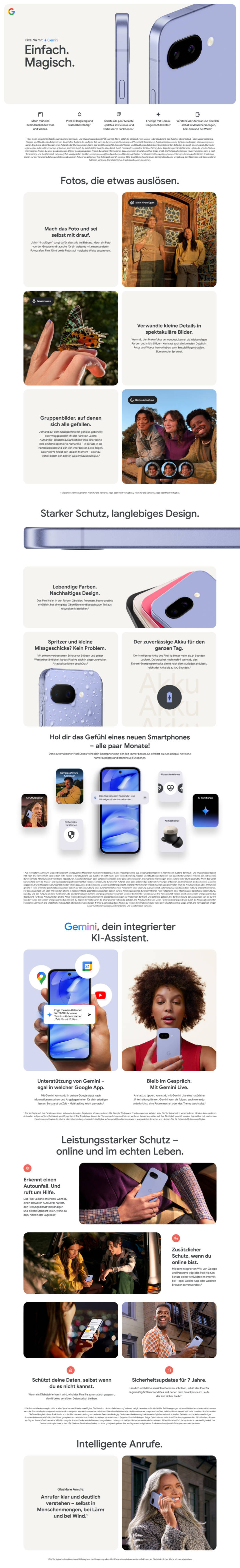 Eine deutsche Promo-Seite für das Pixel 9a beleuchtet das Design aus verschiedenen Blickwinkeln, die Kamerafunktionen, die Farbauswahl, die KI-Tools, die Fotobearbeitung, den robusten Schutz und die Menschen, die das Gerät in Alltagsszenarien nutzen.