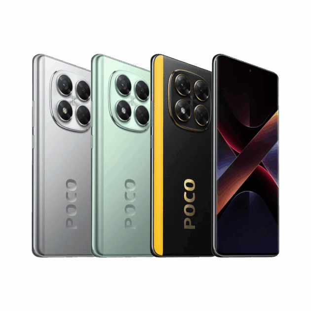 Drei POCO X7-Smartphones von Tele-Planet werden in den Farben Silber, Grün und Schwarz mit gelben Akzenten nebeneinander gezeigt, um ihre rückseitigen Kameramodule und Frontdisplays zu präsentieren.