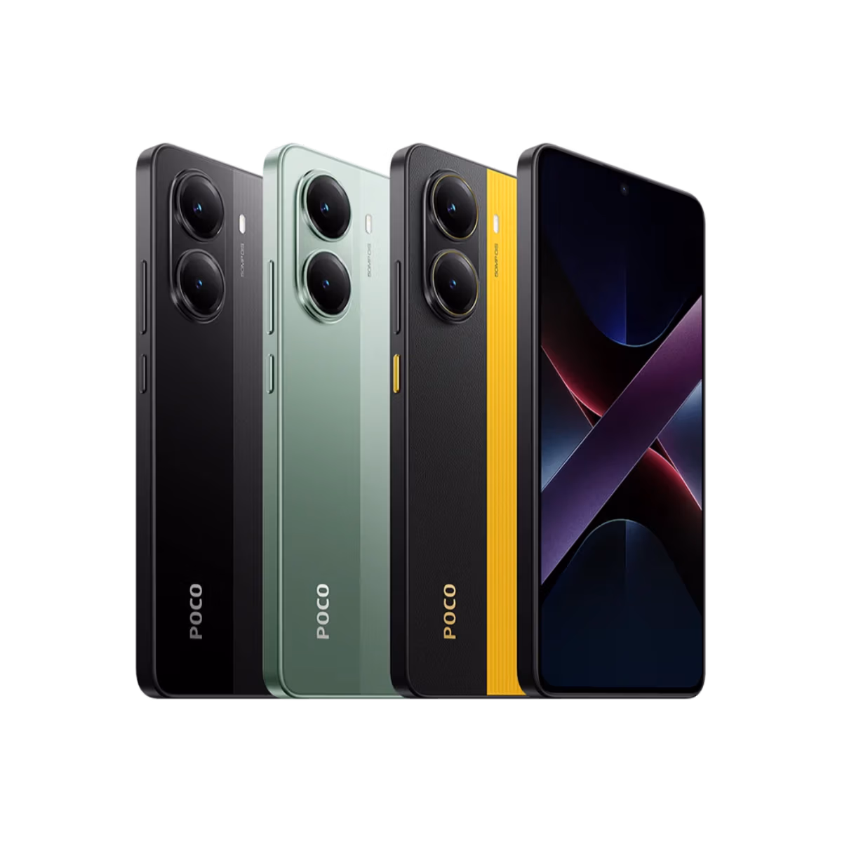 Vier POCO X7 Pro Smartphones in Schwarz, Grün und Gelb werden bei Tele-Planet aufrecht nebeneinander gezeigt. Drei zeigen ihre Dual-Kamera-Rückseiten, während das vierte ein lebhaftes abstraktes Hintergrundbild auf seinem Bildschirm zeigt.