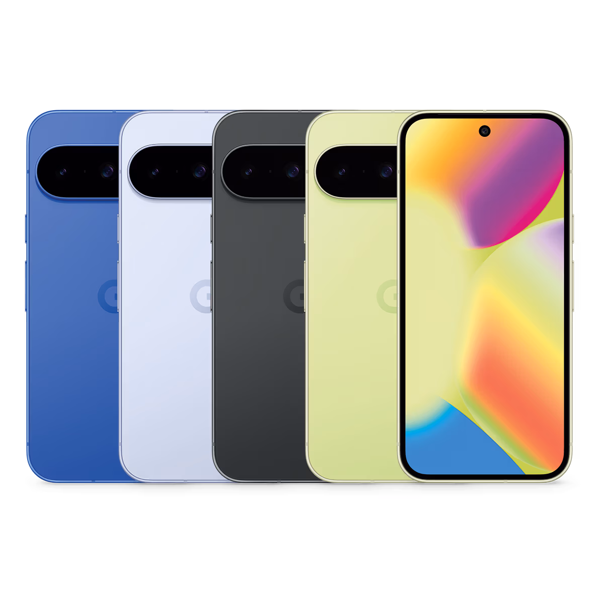 Fünf Pixel 10 Pro XL-Smartphones werden in den Farben Blau, Weiß, Schwarz und Gelb von hinten gezeigt, wobei ein Telefon vorne einen leuchtenden Bildschirm zeigt. Erleben Sie Stil und Innovation mit Tele-Planet vor einem schlichten weißen Hintergrund.