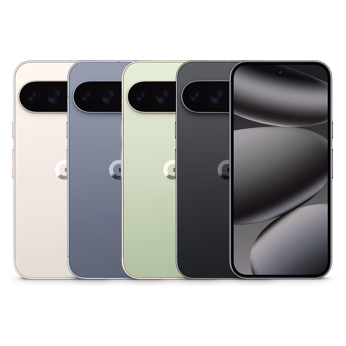 Fünf Pixel 10 Pro XL-Smartphones sind auf einem hellen Hintergrund aufgereiht und zeigen weiße, blaue, grüne und schwarze Rückseiten sowie eine Vorderseite mit einem dunklen abstrakten Hintergrundbild - eine herausragende Tele-Planet-Kollektion.