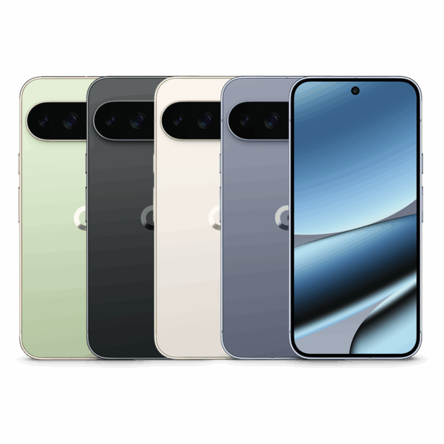 Vier Pixel 10 Pro XL-Smartphones von Tele-Planet werden von hinten in den Farben Grün, Schwarz, Weiß und Blau gezeigt, wobei ihre Kameramodule hervorgehoben werden. Auf der Vorderseite zeigt ein Telefon ein lebhaftes blaues abstraktes Hintergrundbild auf seinem Bildschirm.