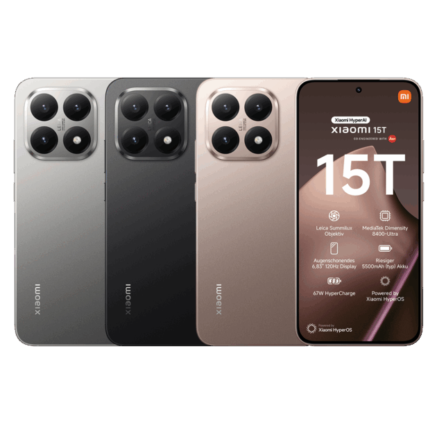 Gezeigt werden drei Xiaomi 15T-Smartphones in Silber, Schwarz und Gold. Die ersten beiden zeigen die Rückseite mit Dreifach-Kameras, während das dritte die Vorderseite mit den Produktdaten und dem Text "15T" zeigt - jetzt erhältlich bei Tele-Planet.