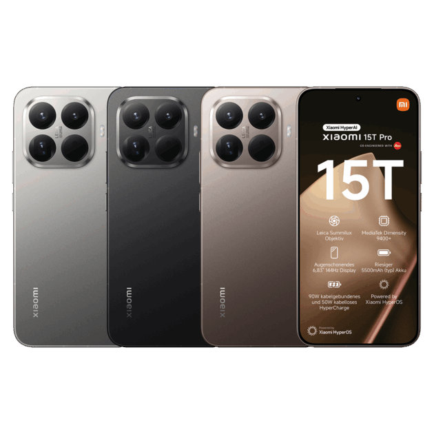 Drei 15T Pro-Smartphones in Silber, Schwarz und Bronze werden mit großen, dreifachen Rückkameramodulen gezeigt. Die Vorderseiten zeigen die technischen Daten der Telefone bei Tele-Planet.