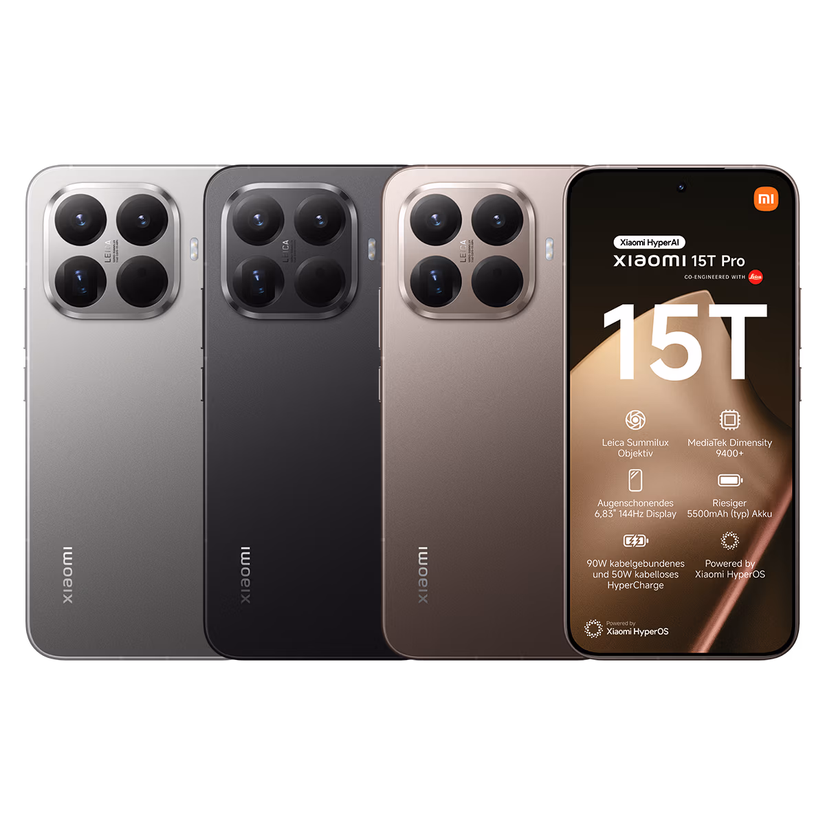 Drei 15T Pro-Smartphones in Silber, Schwarz und Bronze werden mit großen, dreifachen Rückkameramodulen gezeigt. Die Vorderseiten zeigen die technischen Daten der Telefone bei Tele-Planet.