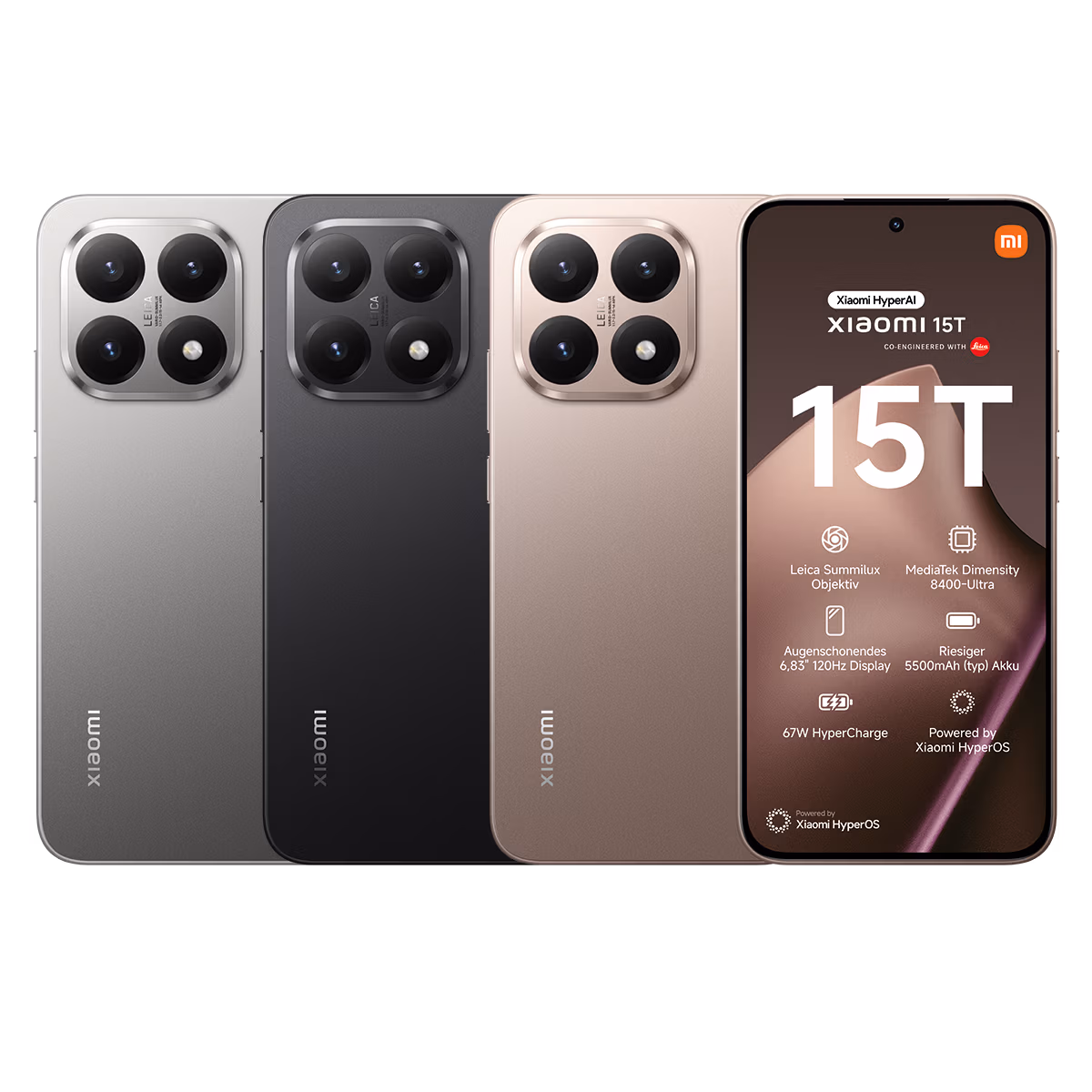 Gezeigt werden drei Xiaomi 15T-Smartphones in Silber, Schwarz und Gold. Die ersten beiden zeigen die Rückseite mit Dreifach-Kameras, während das dritte die Vorderseite mit den Produktdaten und dem Text "15T" zeigt - jetzt erhältlich bei Tele-Planet.