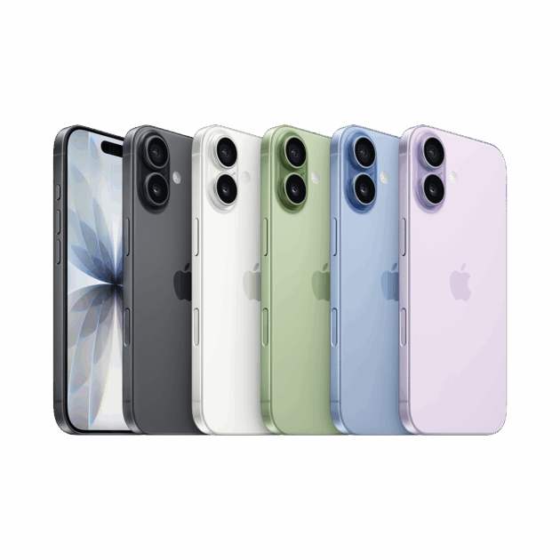 Fünf iPhones sind bei Tele-Planet aufrecht in einer Reihe ausgestellt und zeigen ihre Rückseiten in Schwarz, Weiß, Grün, Blau und Lila. Das erste Telefon auf der linken Seite zeigt seine Vorderseite mit einem farbenfrohen Blumen-Hintergrundbild.