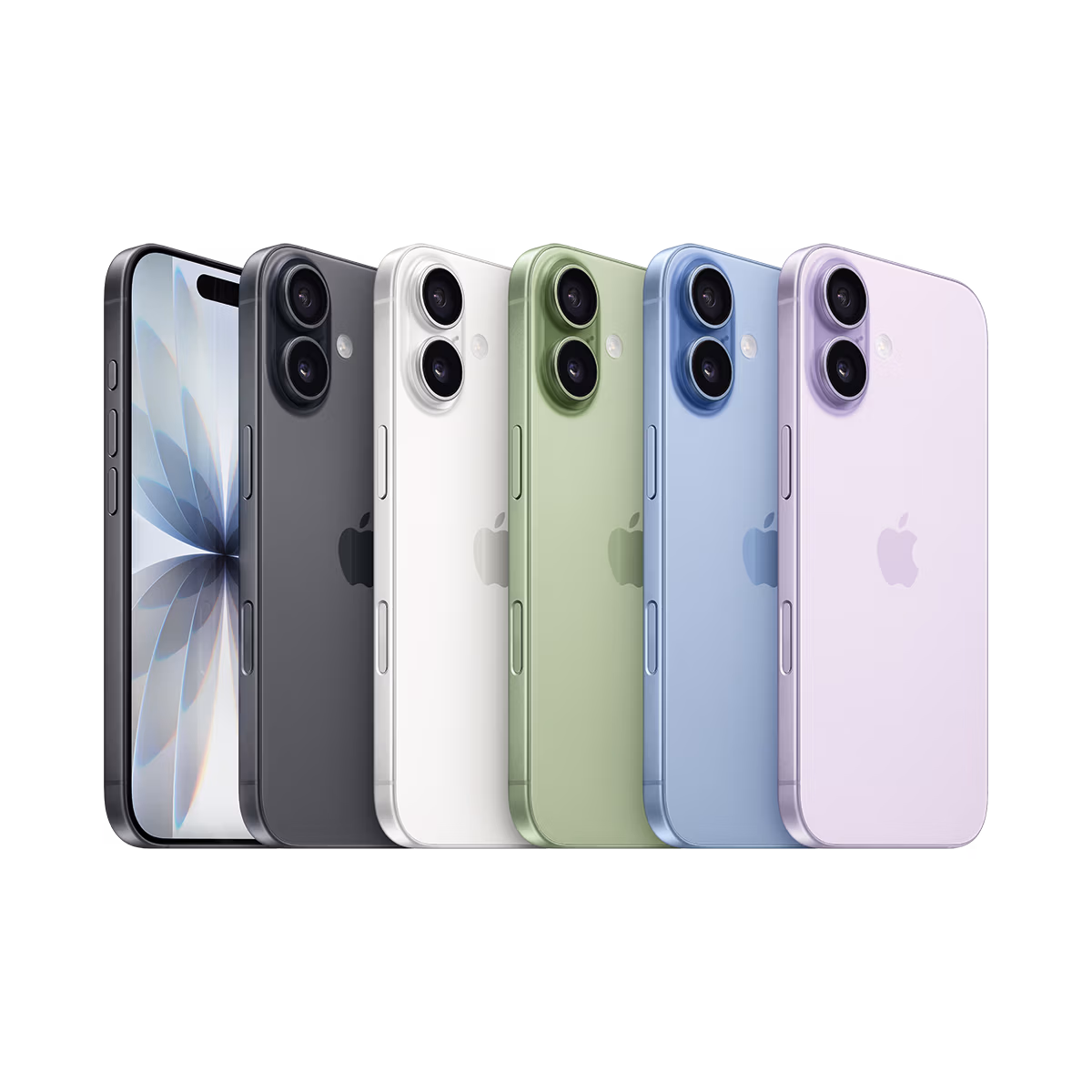 Fünf iPhones sind bei Tele-Planet aufrecht in einer Reihe ausgestellt und zeigen ihre Rückseiten in Schwarz, Weiß, Grün, Blau und Lila. Das erste Telefon auf der linken Seite zeigt seine Vorderseite mit einem farbenfrohen Blumen-Hintergrundbild.