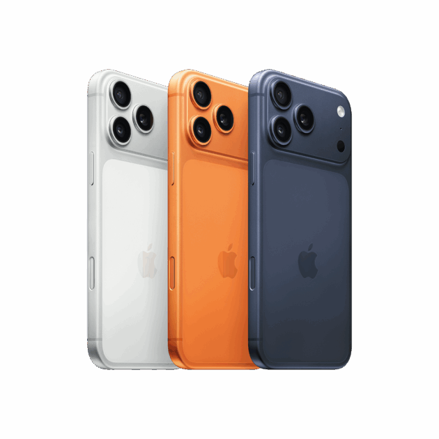 Drei Apple iPhones sind bei Tele-Planet aufrecht stehend ausgestellt, von hinten in Silber, Orange und Dunkelblau, jeweils mit zwei rückwärtigen Kameras und dem typischen Apple-Logo.