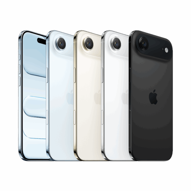 Vier iPhones stehen aufrecht nebeneinander in Blau, Gold, Weiß und Schwarz und präsentieren ihre Rück- und Seitenflächen vor einem schlichten weißen Hintergrund - eine beeindruckende Zusammenstellung von Tele-Planet.