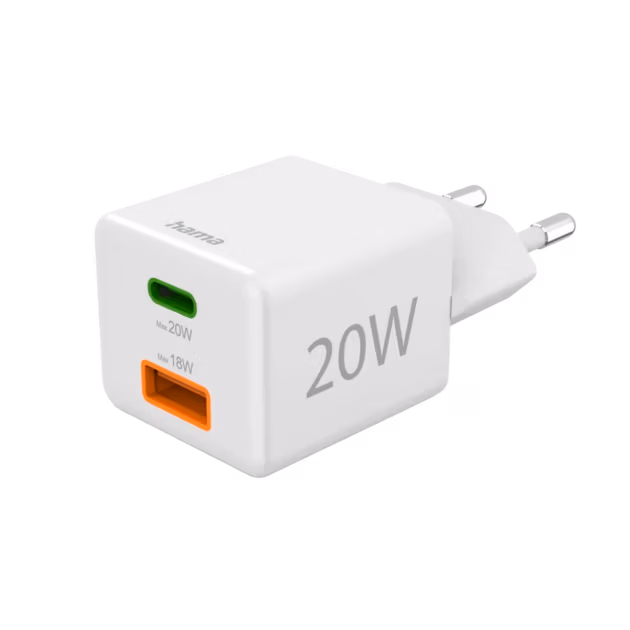 Das Schnellladegerät 45W ist ein weißes Wandladegerät mit zwei runden Stiften und zwei Anschlüssen: einem grünen USB-C-Anschluss mit der Aufschrift "Max 20W" und einem orangen USB-A-Anschluss mit der Aufschrift "Max 18W".