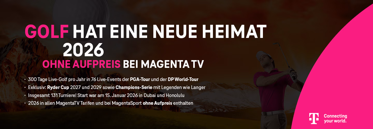Werbebanner in deutscher Sprache, das den Wechsel des Golfsports zu MagentaTV im Jahr 2026 ankündigt, mit einem schwingenden Golfer, Veranstaltungshighlights und den Logos von MagentaTV und der Deutschen Telekom auf rosa und schwarzem Hintergrund.