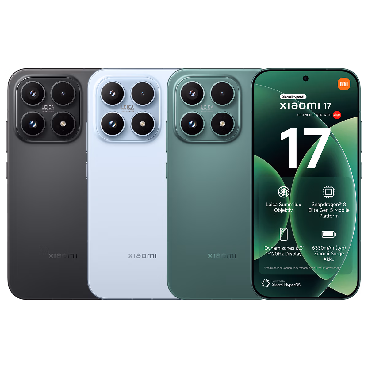Drei Xiaomi 17-Smartphones in Schwarz, Hellblau und Grün sind von der Rückseite aus zu sehen und zeigen dreifache Leica-Kameraeinstellungen. Die Vorderseite des grünen Telefons zeigt den Bildschirm mit den technischen Daten und dem Xiaomi 17-Branding.