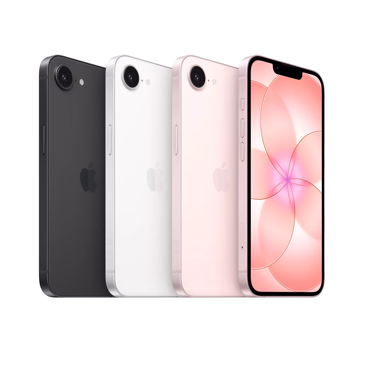 Es werden vier iPhone 17e-Geräte gezeigt: drei mit schwarzer, weißer und rosa Rückseite und eines, das nach vorne gerichtet ist und eine rosa Blume auf dem Bildschirm anzeigt, alles vor einem weißen Hintergrund.