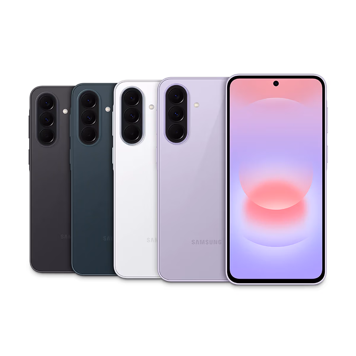 Vier Samsung-Smartphones in den Farben Schwarz, Grün, Weiß und Lavendel werden von der Rückseite gezeigt, wobei ein Telefon auf der Vorderseite seinen Bildschirm mit einem pastellfarbenen Hintergrundbild zeigt.