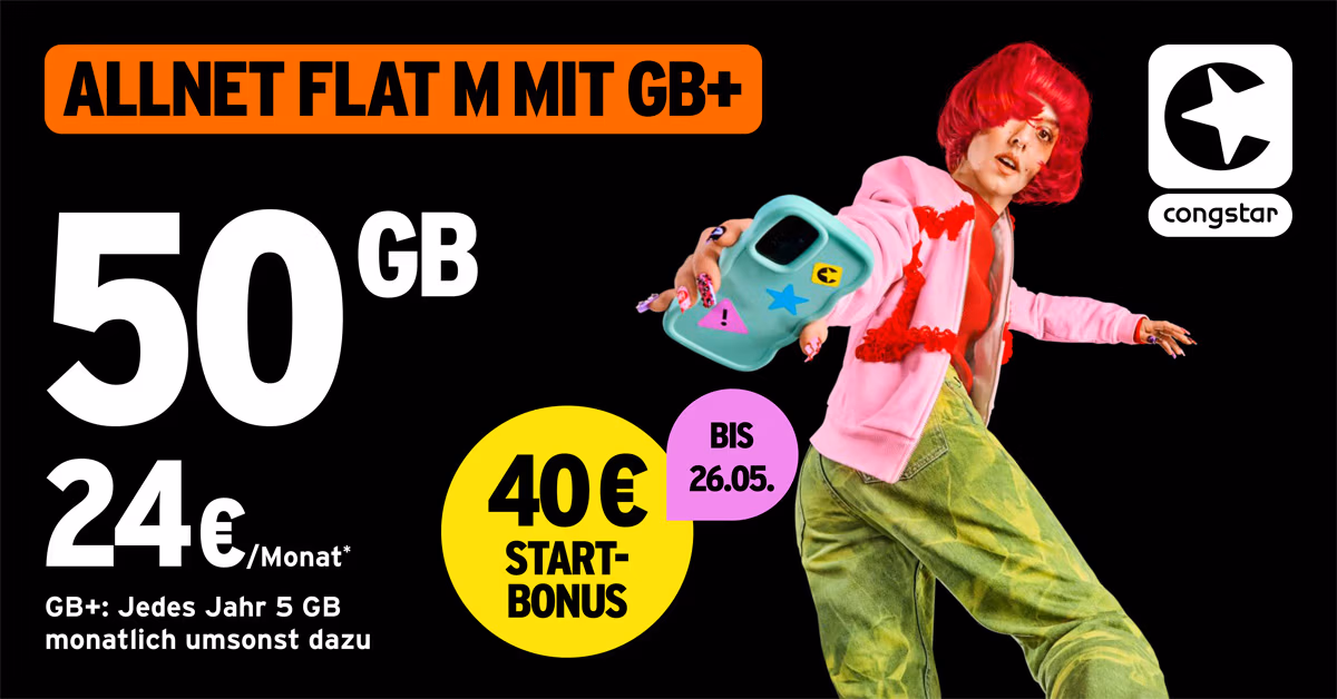 Werbung für den Tarif "Allnet Flat M mit GB+" von congstar: Eine Frau mit knallroten Haaren, pinker Jacke und grüner Hose posiert mit einem blauen Telefon. Das Angebot umfasst 50 GB für 24€/Monat mit einem 40€ Startbonus bis zum 26.05.